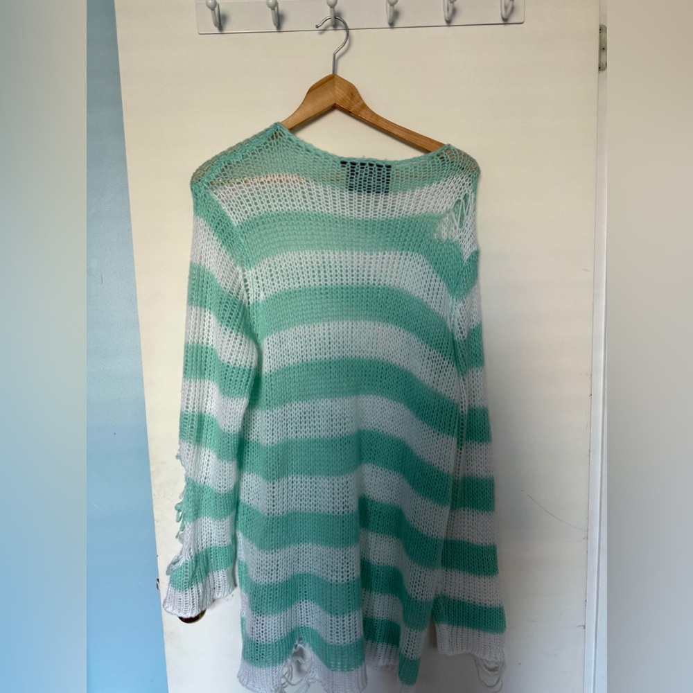 Killstar Mint blue and White Striped Off-the-Shoulder Sweater - Picture 2 of 4